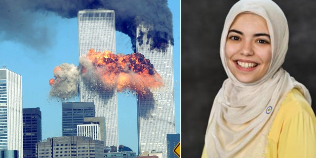 Photo on the left: Fairfax County School Board member Abrar Omeish. Photo on the right: Radical Islamic terrorists attack the World Trade Center on Sept. 11, 2001.
