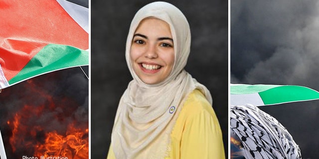 In this photo illustration, Abrar Omeish (center) and pro-Palestinian protest (background) in the West Bank village of Burqa, north of Nablus in 2022.