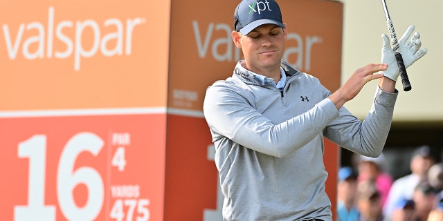 Adam Schenk of the United States reacts on the 16th tee during the final round of the Valspar Championship at Innisbrook Resort and Golf Club on March 19, 2023 in Palm Harbor, Florida.