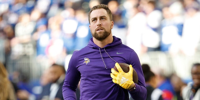 Adam Thielen of the Minnesota Vikings warms up before the NFC Wild Card playoff game against the New York Giants at US Bank Stadium on January 15, 2023 in Minneapolis, Minnesota.