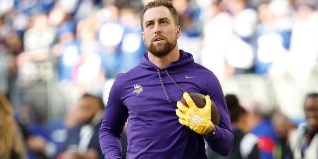 Adam Thielen of the Minnesota Vikings warms up before the NFC Wild Card playoff game against the New York Giants at US Bank Stadium on January 15, 2023 in Minneapolis, Minnesota.