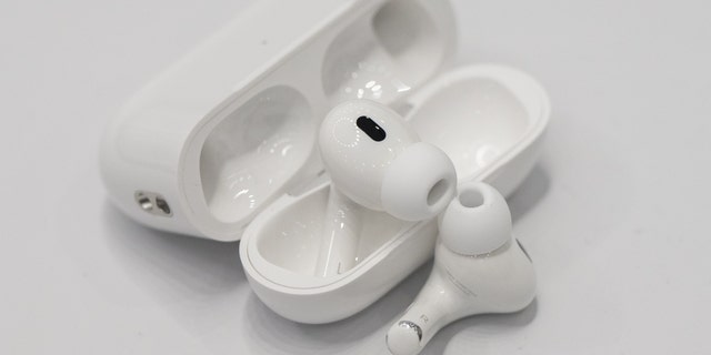 Second-generation Apple AirPods Pro during an event at the Apple Park campus in Cupertino, California, on Wednesday, September 7, 2022. 