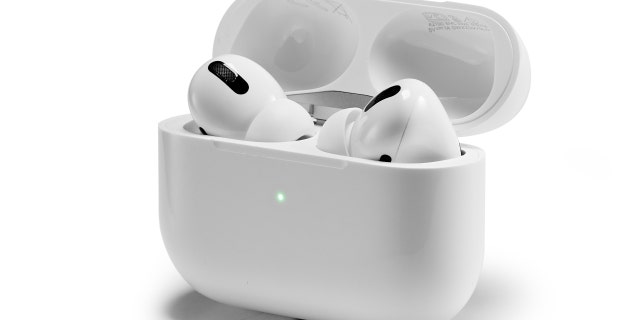 A pair of Apple AirPods Pro wireless headphones and charging case, taken on November 5, 2019.