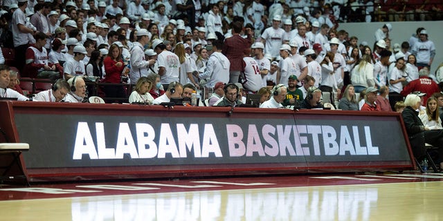 An Alabama basketball sign prior to a matchup between the Alabama Crimson Tide and the Baylor Bears at Coleman Coliseum Jan. 29, 2022, in Tuscaloosa, Ala.