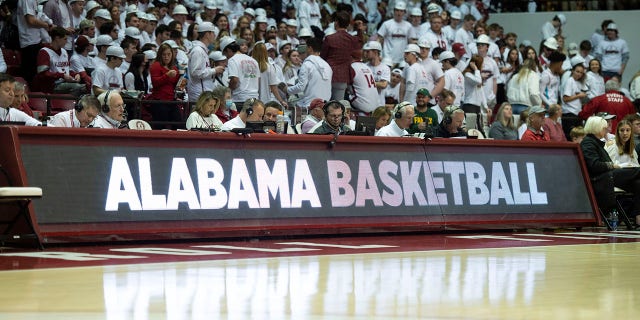 An Alabama basketball sign prior to a matchup between the Alabama Crimson Tide and the Baylor Bears at Coleman Coliseum Jan. 29, 2022, in Tuscaloosa, Ala.