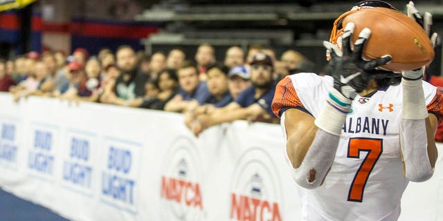 Albany Empire wide receiver Malachi Jones, #7, hauls in a touchdown pass in the corner of the end zone during an Arena Football game between the Washington Valor and the Albany Empire on May 11, 2018, at Capital One Arena, in Washington, D.C.