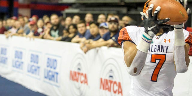 Albany Empire wide receiver Malachi Jones, #7, hauls in a touchdown pass in the corner of the end zone during an Arena Football game between the Washington Valor and the Albany Empire on May 11, 2018, at Capital One Arena, in Washington, D.C.