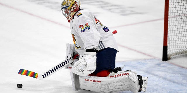 Florida Panthers goaltender Alex Lyon, #34, warms up while wearing a Pride Night hockey jersey before playing the Toronto Maple Leafs, Thursday, March 23, 2023, in Sunrise, Florida.