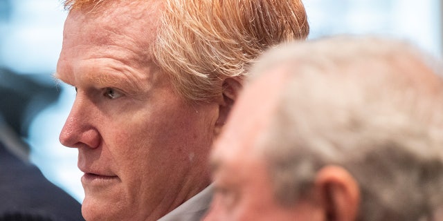 Alex Murdaugh listens to defense attorney Jim Griffin give his closing arguments in Murdaugh’s trial for murder at the Colleton County Courthouse March 1, 2023.