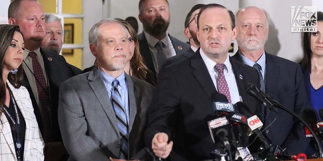 South Carolina Attorney General Alan Wilson speaks to the media alongside the prosecution team after Alex Murdaugh was found guilty on all counts at the Colleton County Courthouse on Thursday, March 2, 2023 in Walterboro, South Carolina.