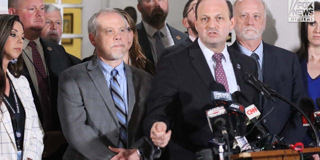 South Carolina Attorney General Alan Wilson speaks to the media alongside the prosecution team after Alex Murdaugh was found guilty on all counts at the Colleton County Courthouse on Thursday, March 2, 2023 in Walterboro, South Carolina.