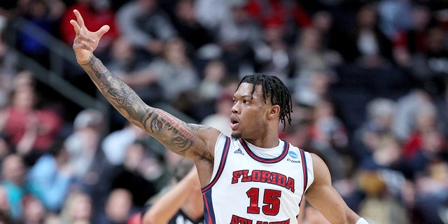 Florida Atlantic Owls No. 15 Alijah Martin celebrates a basket against the Fairleigh Dickinson Knights during the first half of the second round of the NCAA Men's Basketball Tournament at Nationwide Arena on March 19, 2023 in Columbus, Ohio.