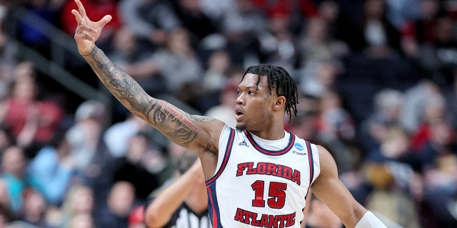 Alijah Martin, #15 of the Florida Atlantic Owls, celebrates a basket against the Fairleigh Dickinson Knights during the first half in the second round game of the NCAA Men's Basketball Tournament at Nationwide Arena on March 19, 2023 in Columbus, Ohio.