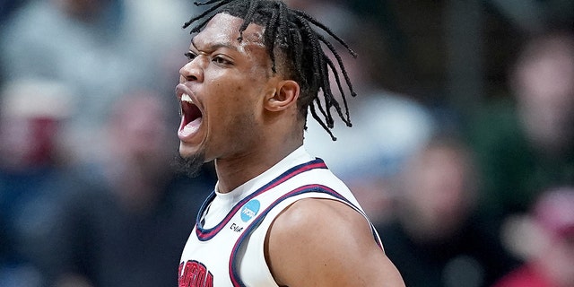 Alijah Martin #15 of the Florida Atlantic Owls celebrates a basket against the Fairleigh Dickinson Knights during the second half of a second round game of the NCAA Men's Basketball Tournament at Nationwide Arena on March 19, 2023 in Columbus, Ohio.