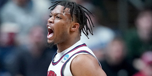 Alijah Martin #15 of the Florida Atlantic Owls celebrates a basket against the Fairleigh Dickinson Knights during the second half in the second round game of the NCAA Men's Basketball Tournament at Nationwide Arena on March 19, 2023 in Columbus, Ohio.