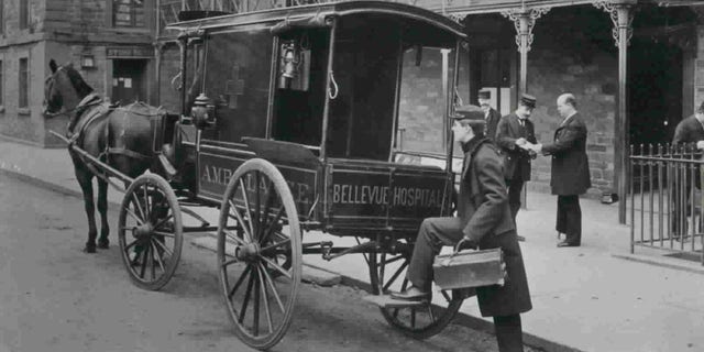 A horse-drawn ambulance for New York City's Bellevue Hospital, circa 1886. Bellevue introduced New York City's first ambulance service in 1869. Its two ambulances responded to 1,400 calls, encouraging the hospital to add five more vehicles the following year.