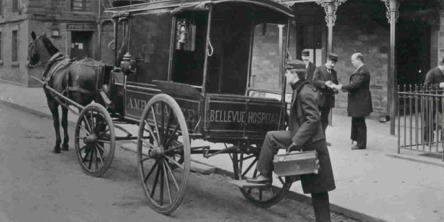 A horse-drawn ambulance for New York City's Bellevue Hospital, circa 1886. Bellevue introduced New York City's first ambulance service in 1869. Its two ambulances responded to 1,400 calls, encouraging the hospital to add five more vehicles the following year.