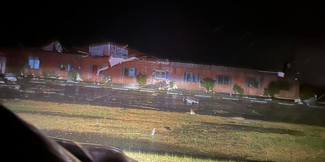 Significant damage to the National Guard building in Amory, Miss. following a tornado outbreak.