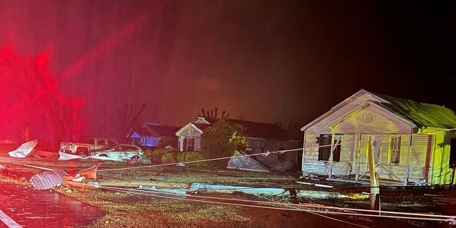 Homes damaged from a tornado in Amory, Miss., on Friday, March 24, 2023.