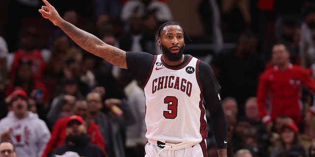 Andre Drummond, #3 of the Chicago Bulls, celebrates a basket against the Brooklyn Nets during the first half at the United Center on February 24, 2023 in Chicago.