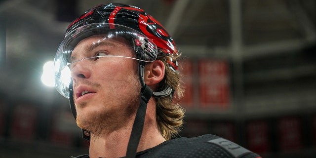 Andrei Svechnikov #37 of the Carolina Hurricanes before the game against the Vegas Golden Knights at PNC Arena on March 11, 2023 in Raleigh, North Carolina.