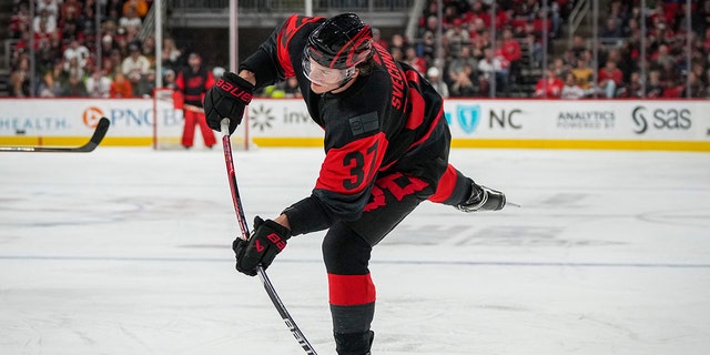 Andrei Svechnikov #37 of the Carolina Hurricanes shoots the puck during the third period against the Vegas Golden Knights at PNC Arena on March 11, 2023 in Raleigh, North Carolina.
