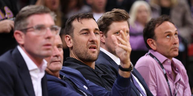 Andrew Bogut looks on during game three of the NBL Grand Final series between Sydney Kings and Tasmania JackJumpers at Qudos Bank Arena on May 11, 2022, in Sydney, Australia.