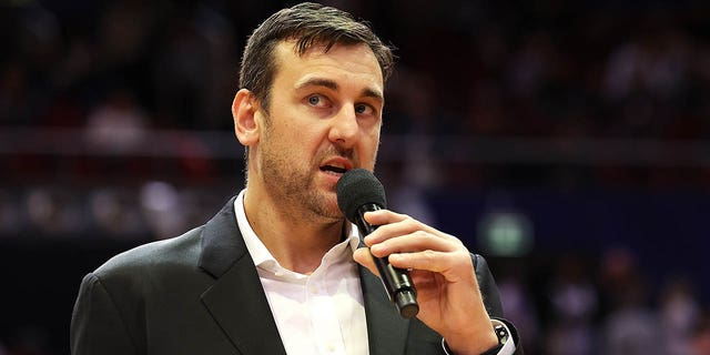 Andrew Bogut speaks during a retirement presentation at half time of the NBL match between the Sydney Kings and Brisbane Bullets at Qudos Bank Arena on June 5, 2021 in Sydney, Australia.