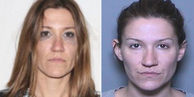 Angela Diaz, left, after she falsely alleged a man tried to attack her. Her booking photo, right, after her arrest for trying to frame Michelle Hadley for rape and stalking.