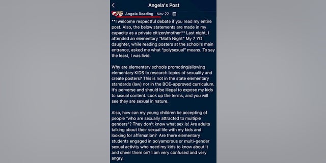 Angela Reading was reported to police for her Facebook post objecting to posters about sexuality at her children's elementary school.