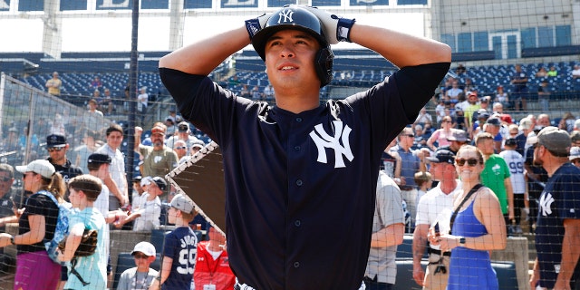 Anthony Volpe #77 New York Yankees, 23 Şubat 2023'te Tampa, Florida'da George M. Steinbrenner Field'da yapılan bahar antrenmanı sırasında.