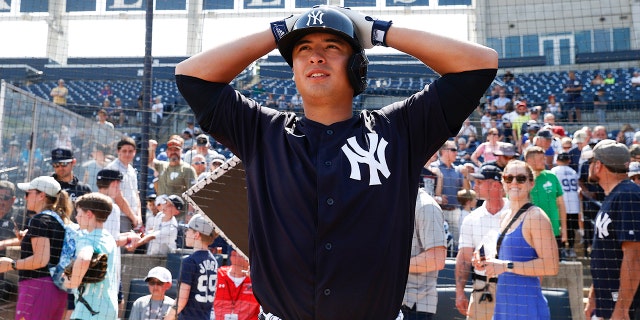 Anthony Volpe #77 of the New York Yankees looks on during spring training at George M. Steinbrenner Field on February 23, 2023 in Tampa, Florida.