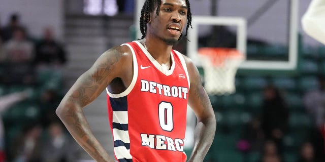 Antoine Davis, #0 of the Detroit Mercy Titans, looks on during a college basketball game against the Eastern Michigan Eagles at the George Gervin GameAbove Center on Dec. 18, 2022 in Ypsilanti, Michigan.