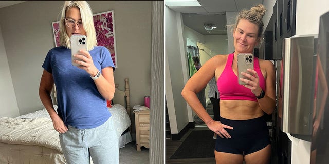 Arden McLaughlin, 44, pictured here in before and after photos, spoke with Fox News Digital about her personal experience with taking Wegovy for weight loss. In a six-week period, she lost 20 pounds on the medication.
