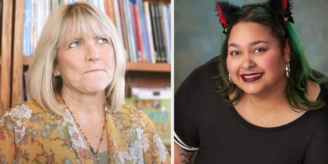 Arizona Christian University's Lynnea Lyding (left) speaking out about comments against its Christian beliefs proclaimed on its website from board members such as Tamillia Valenzuela.