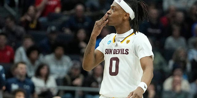 Arizona State's DJ Horne reacts after hitting a 3-point shot during the first half of a First Four college basketball game against Nevada in the NCAA men's basketball tournament, Wednesday, March 15, 2023, in Dayton, Ohio.