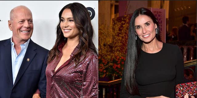 Emma Heming Willis on Wednesday denied reports that her husband's ex Demi Moore, right, had moved in with the couple and their daughters. 