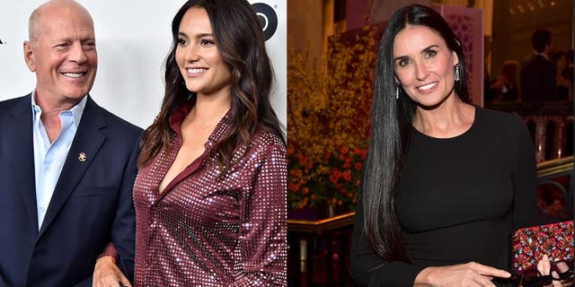 Emma Heming Willis on Wednesday denied reports that her husband's ex Demi Moore, right, had moved in with the couple and their daughters. 