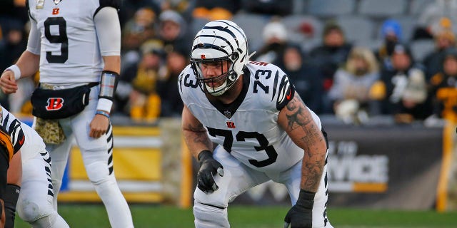 Jonah Williams, #73 of the Cincinnati Bengals, in action against the Pittsburgh Steelers on November 20, 2022 at Acrisure Stadium in Pittsburgh, Pennsylvania.  