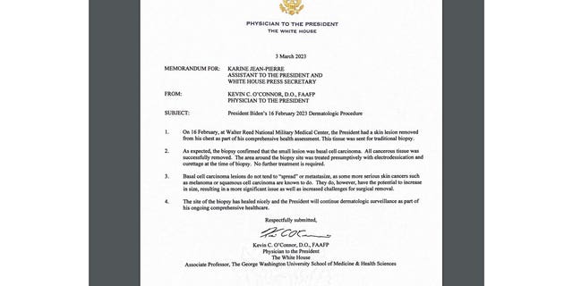 This letter was sent Friday, March 3, 2023 by White House physician Kevin O'Connor as a notification that President Biden successfully underwent treatment for a "cancerous" skin lesion following his Feb. 16 physical.