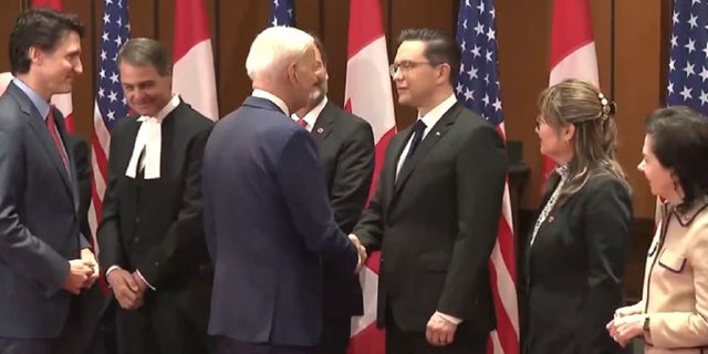 President Biden greets Canadian Conservative Leader Pierre Poilievre on Friday.