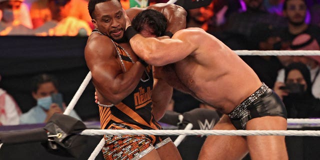 Big E, left, competes with Drew McIntyre during the World Wrestling Entertainment Crown Jewel pay-per-view in the Saudi capital Riyadh on October 21, 2021.