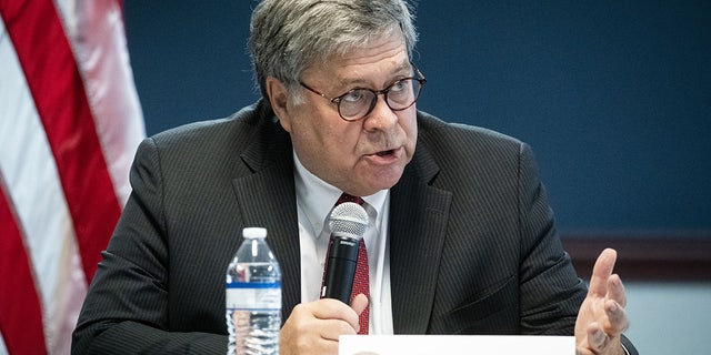 William Barr, U.S. lawyer  general, speaks during a roundtable treatment  with federal, state, and section  officials, not pictured, astatine  the U.S. Attorney's Office successful  Atlanta, Georgia, U.S., connected  Monday, Sept. 21, 2020.
