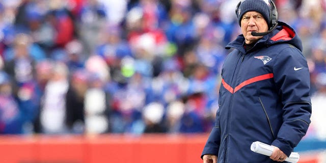 New England Patriots head coach Bill Belichick looks on during the Buffalo Bills game at Highmark Stadium on January 8, 2023 in Orchard Park, New York.