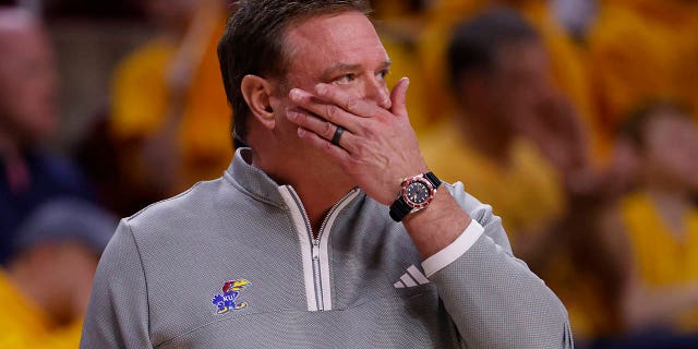 Head coach Bill Self of the Kansas Jayhawks reacts to a play at Hilton Coliseum on Feb. 4, 2023, in Ames, Iowa.