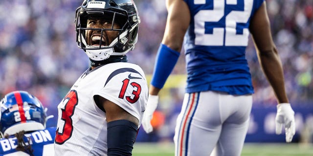 Brandin Cooks of the Houston Texans reacts after a catch against the New York Giants at MetLife Stadium on Nov. 13, 2022, in East Rutherford, New Jersey.