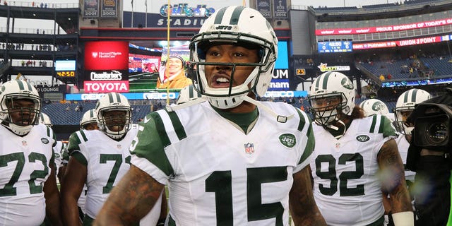 Brandon Marshall of the New York Jets cheers on his teammates before the game against the New England Patriots at Gillette Stadium on December 24, 2016 in Foxboro, Massachusetts.