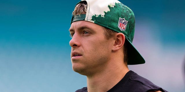 Braxton Berrios, #10 of the New York Jets, looks on prior to a game against the Miami Dolphins at Hard Rock Stadium on Jan. 8, 2023 in Miami Gardens, Florida.