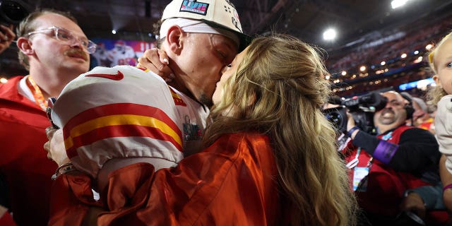 Patrick Mahomes and Brittany Mahomes after the Chiefs beat the Eagles in Super Bowl LVII at State Farm Stadium on Feb. 12, 2023.