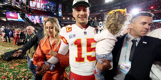 Patrick Mahomes celebrates with his wife Brittany Mahomes and daughter Sterling Skye Mahomes after the Kansas City Chiefs beat the Philadelphia Eagles in Super Bowl LVII at State Farm Stadium on Feb. 12, 2023, in Glendale, Arizona.